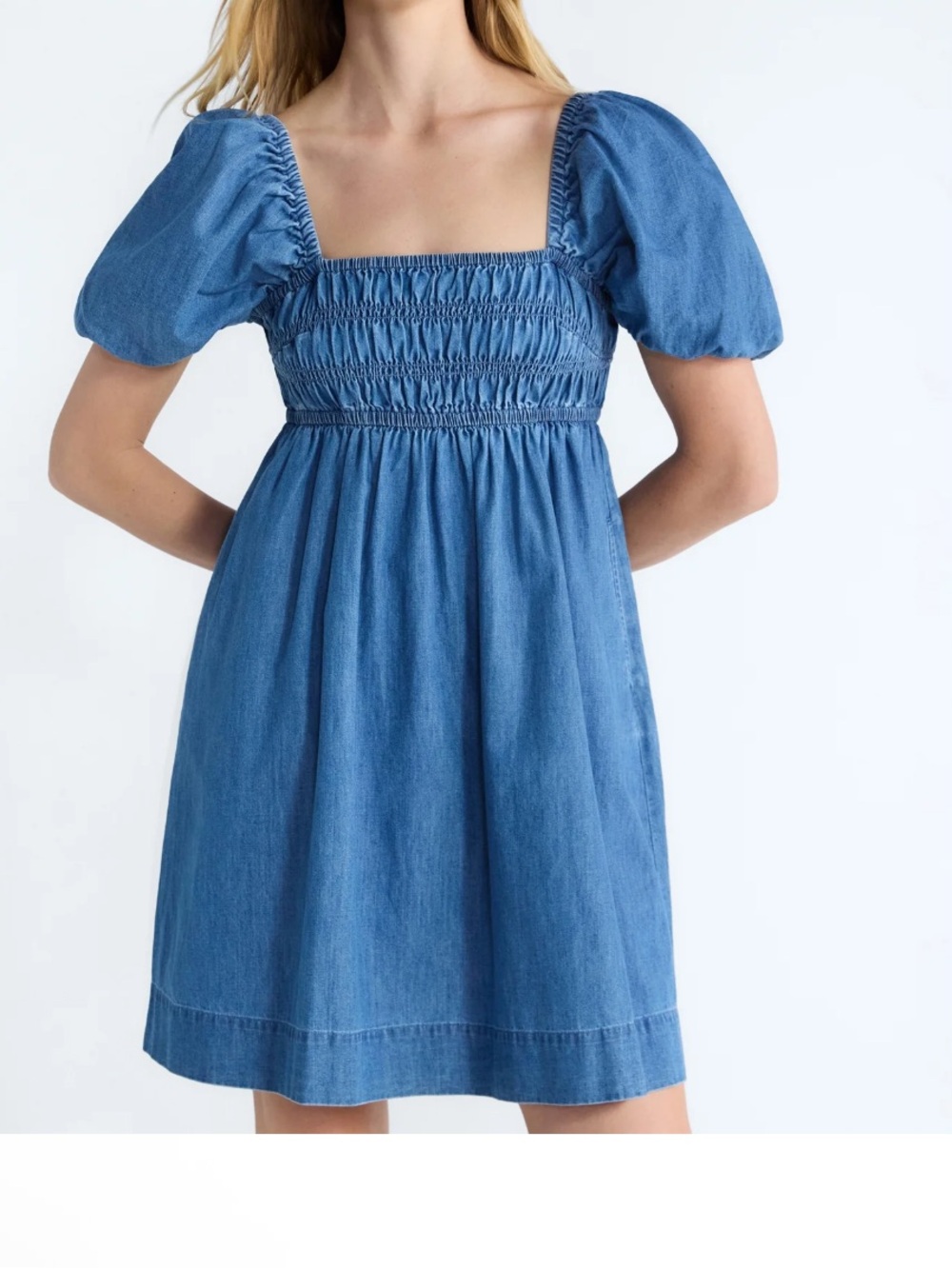 Blue Smocked Square-Neck Mini Dress with Puff Sleeves